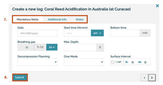 Screenshot of Bloop system showing fields to complete for the dive log