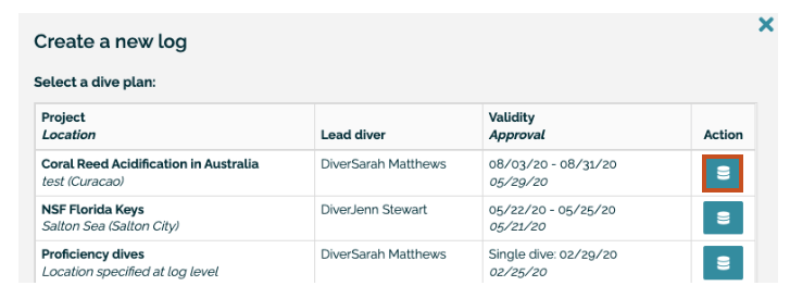 Screenshot of Bloops system showing the icon in the action column of the dive plan