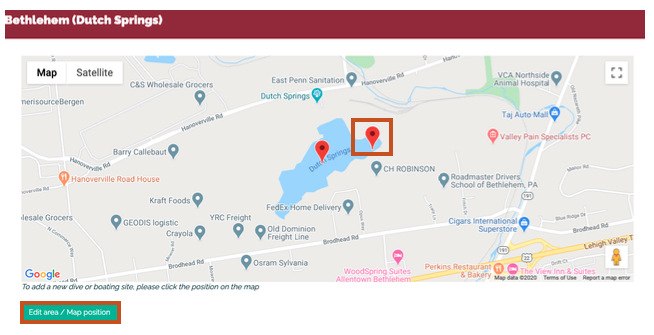 Screenshot showing the bloop system function to add a diving site location by selecting edit area/map position
