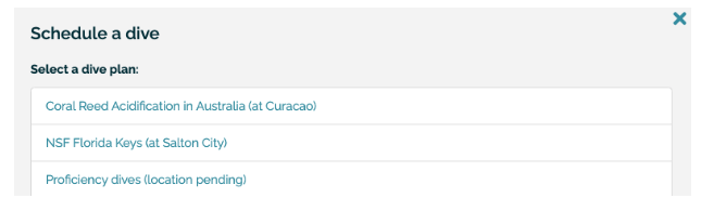 Screenshot of Bloops showing list of dive plans to select from