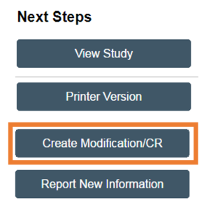 CATS IRB Screenshot showing the Create Modification Button under the Next Steps Menu