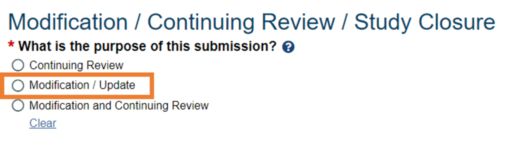 CATS IRB Screenshot showing the Modification/Update Radio Button