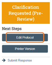 Screenshot of the CATS IACUC system showing where you can click edit protocol in the next steps menu
