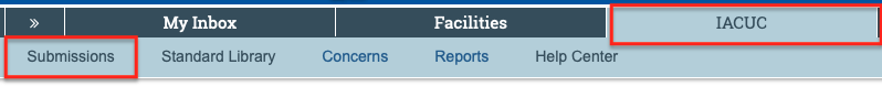 Screenshot showing the IACUC tab from MyInbox and the option to select submissions below it