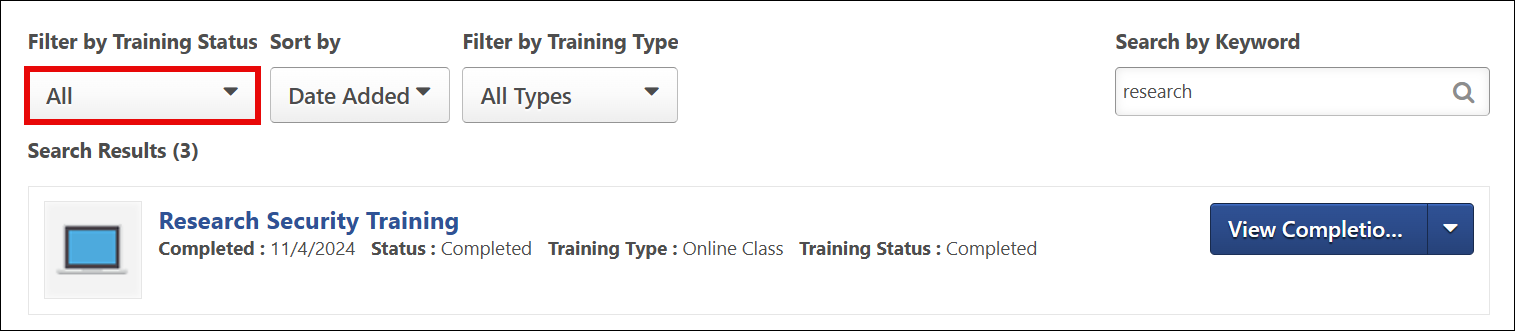 LRN transcript showing All in the Filter by Training Status drop-down