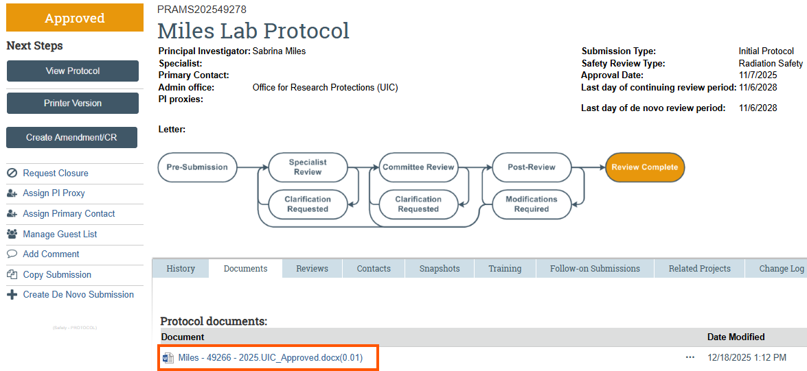 Image of the protocol workspace displaying the Documents tab.